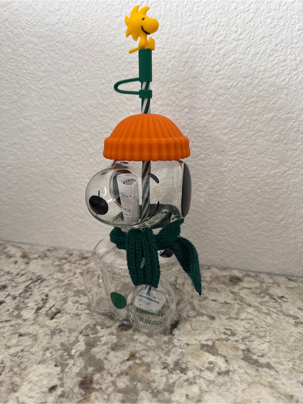 Starbucks Glass Snoopy Vase with Orange Hat and Green Scarf